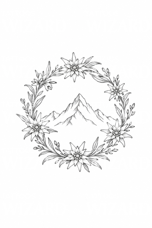 Ideia de tatuagem de uma coroa de edelweiss em torno de picos alpinos