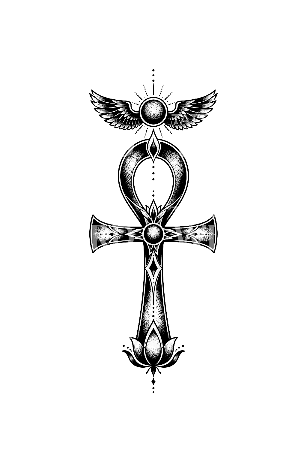Dotwork-tatuering med egyptiskt ankh, bevingad sol och lotus