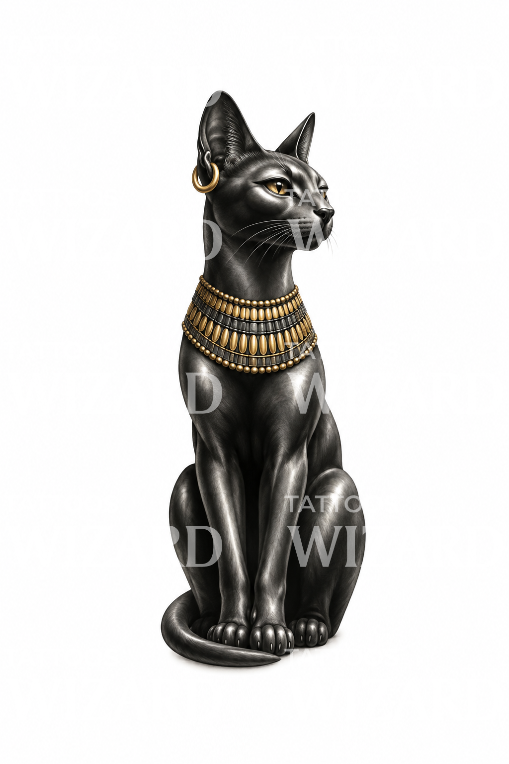 Statua egizia della gatta Bastet con collare dorato
