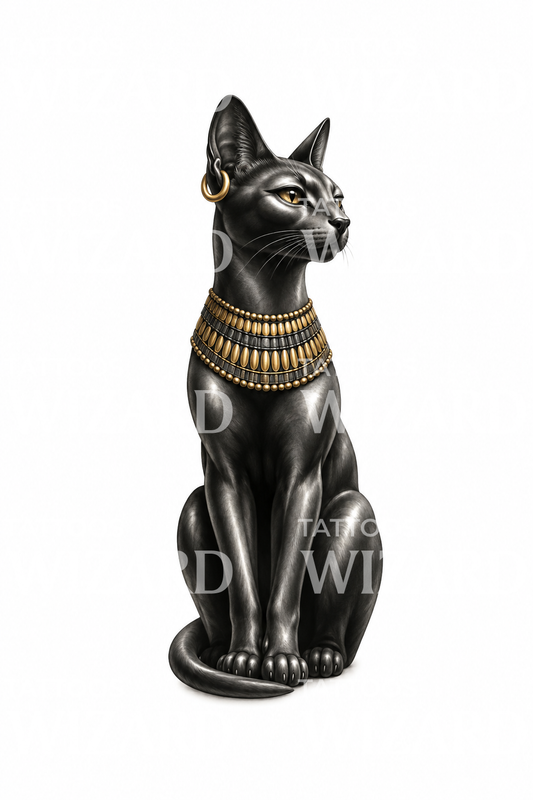 Egyptská socha kočky Bastet se zlatým obojkem
