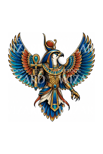 Horus egipcio con alas de halcón y anj, diseño de tatuaje