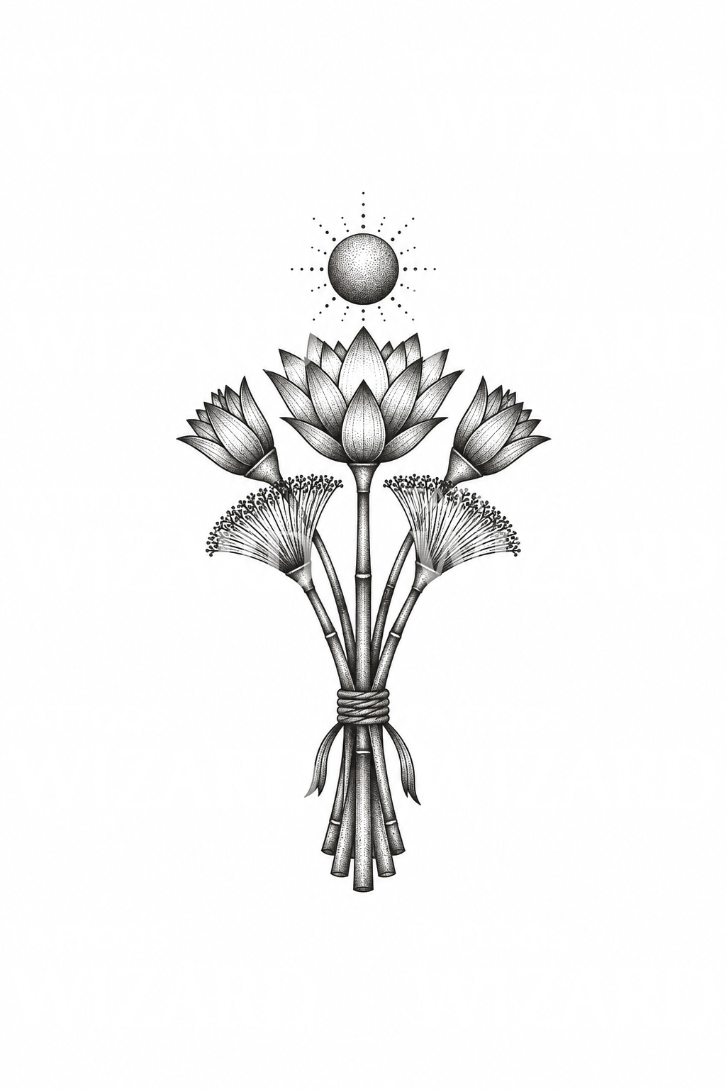 Tatuaggio dotwork con loto egizio, fascio di papiro e disco solare