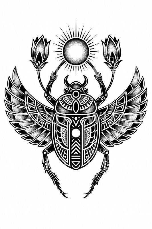 Motif de tatouage scarabée égyptien et soleil
