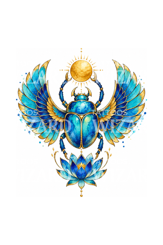 Egyptische gevleugelde scarabee met blauwe lotus, tattoo-ontwerp