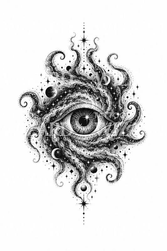Olho cósmico eldritch numa nebulosa pontilhada, tatuagem