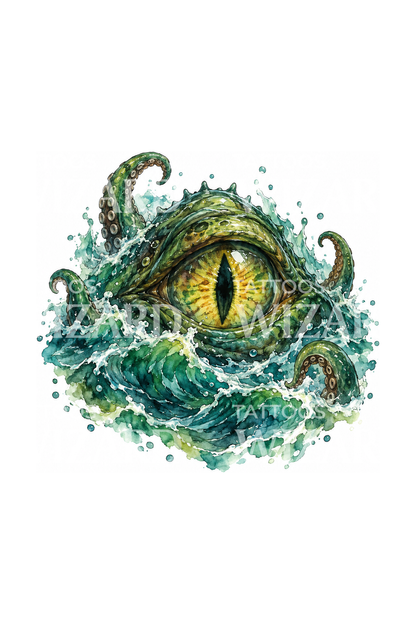 Mata eldritch muncul dari laut hijau dalam tato cat air