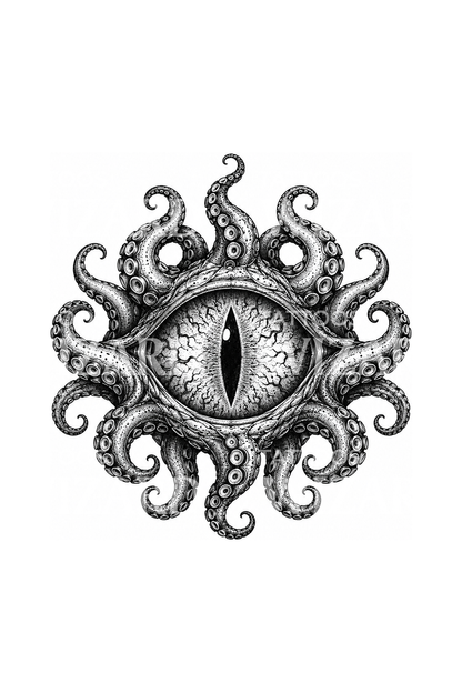 Desain Tato Dotwork Mata Eldritch dengan Tentakel
