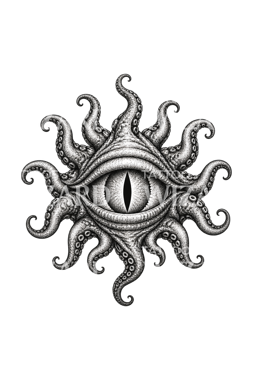 Uråldrigt öga med slingrande tentakler, dotwork-tatuering