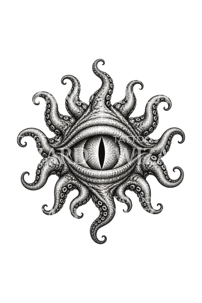 Uråldrigt öga med slingrande tentakler, dotwork-tatuering