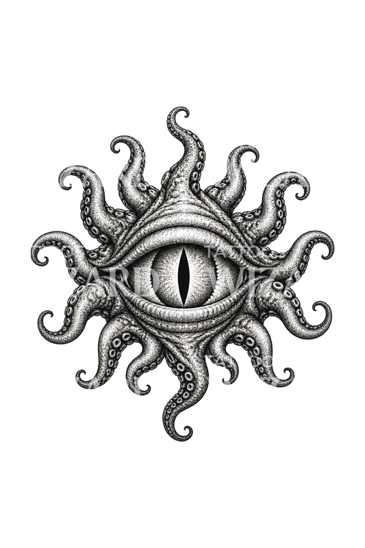 Uråldrigt öga med slingrande tentakler, dotwork-tatuering