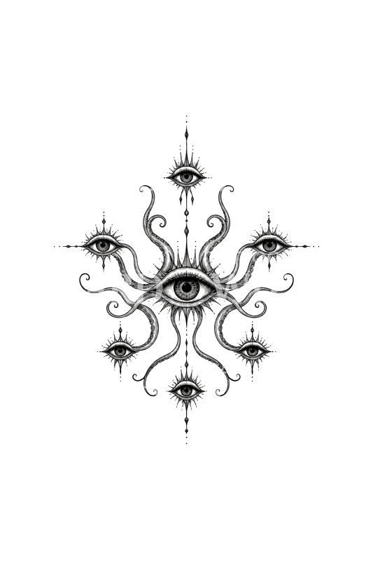 Fine line-tattooontwerp met eldritch ogen en tentakels