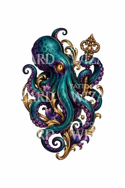 Tatouage de pieuvre mystérieuse avec clé