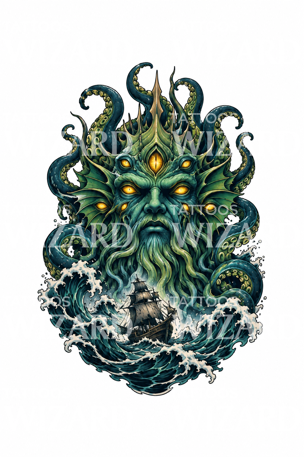 触手王冠异形海神升腾纹身插画