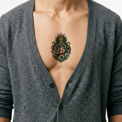 Tatouage d'un dieu marin ancien et d'un grand voilier