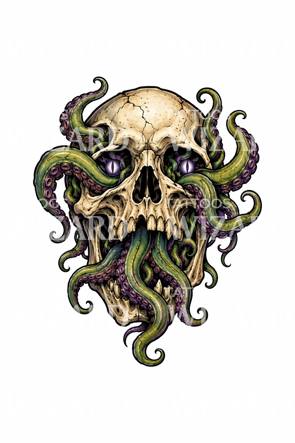 Eldritch-Schädel mit Tentakeln als Neo-Traditional-Tattoo