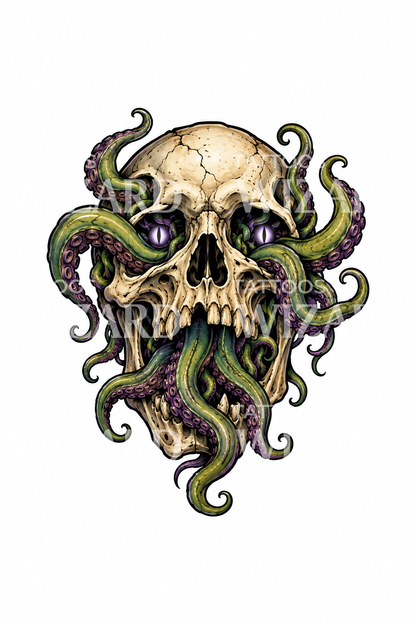Eldritch-Schädel mit Tentakeln als Neo-Traditional-Tattoo