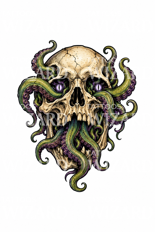 Eldritch-kranium med tentakler i neo-tradisjonell tatovering