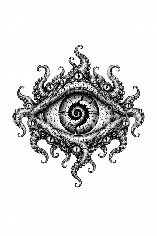 Œil spiralé eldritch avec tentacules, motif de tatouage