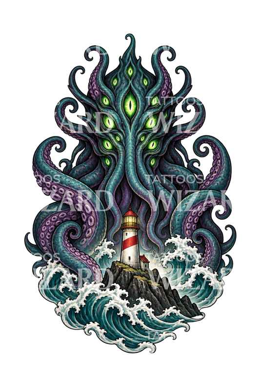Tattoo-Design eines eldritischen Tentakelgottes hinter einem Leuchtturm