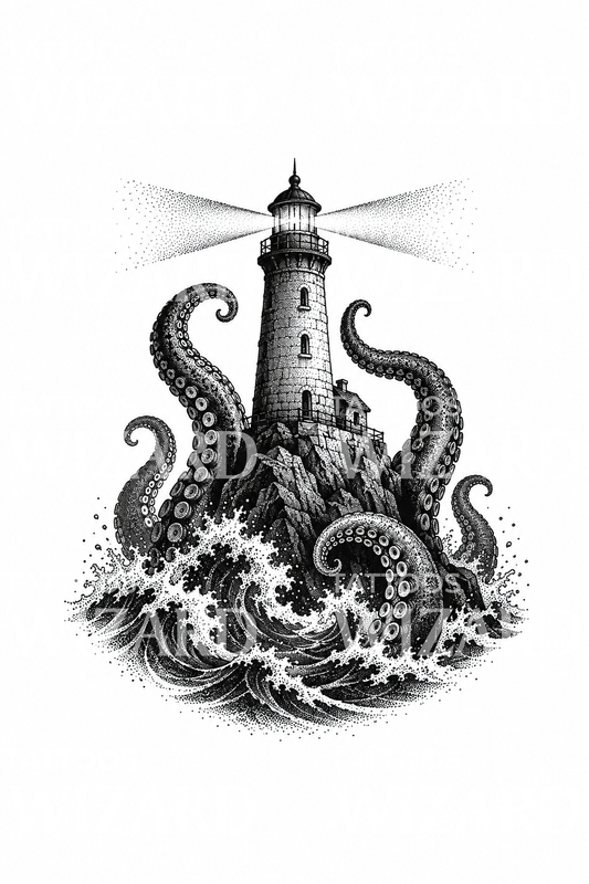 Eldritch-Leuchtturm-Tattoo mit Tentakeln im Dotwork-Stil