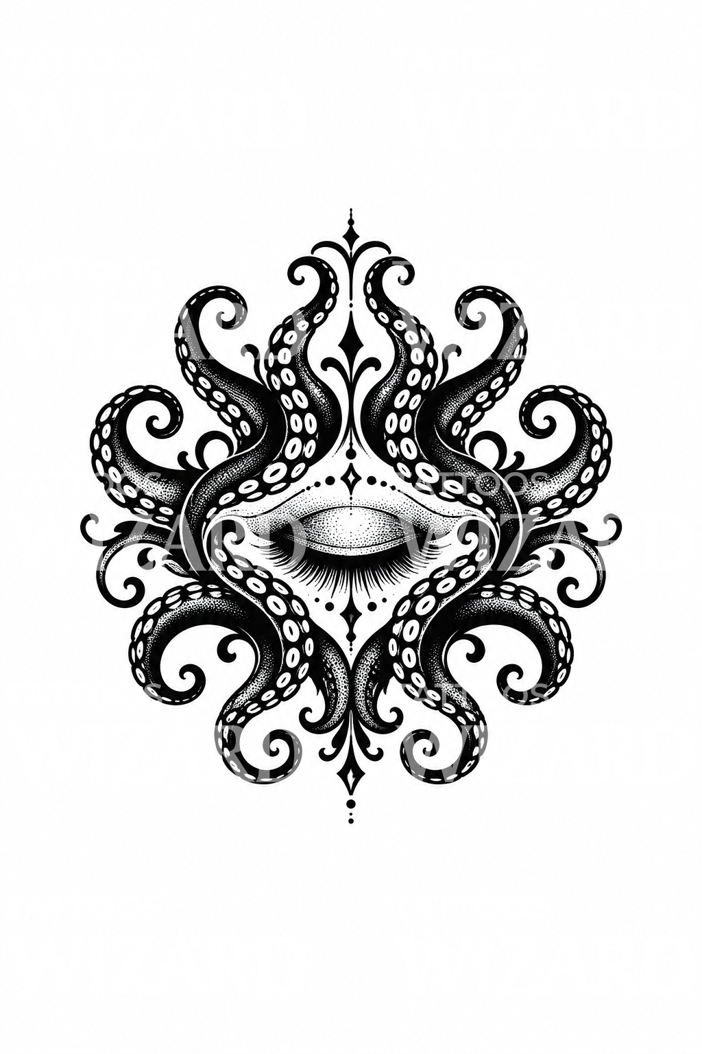 Uhyggelig tentakelring med lukket øje, blackwork-tatovering