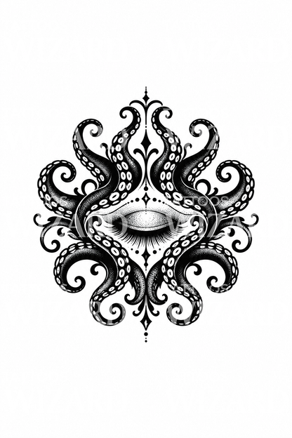 Uhyggelig tentakelring med lukket øje, blackwork-tatovering