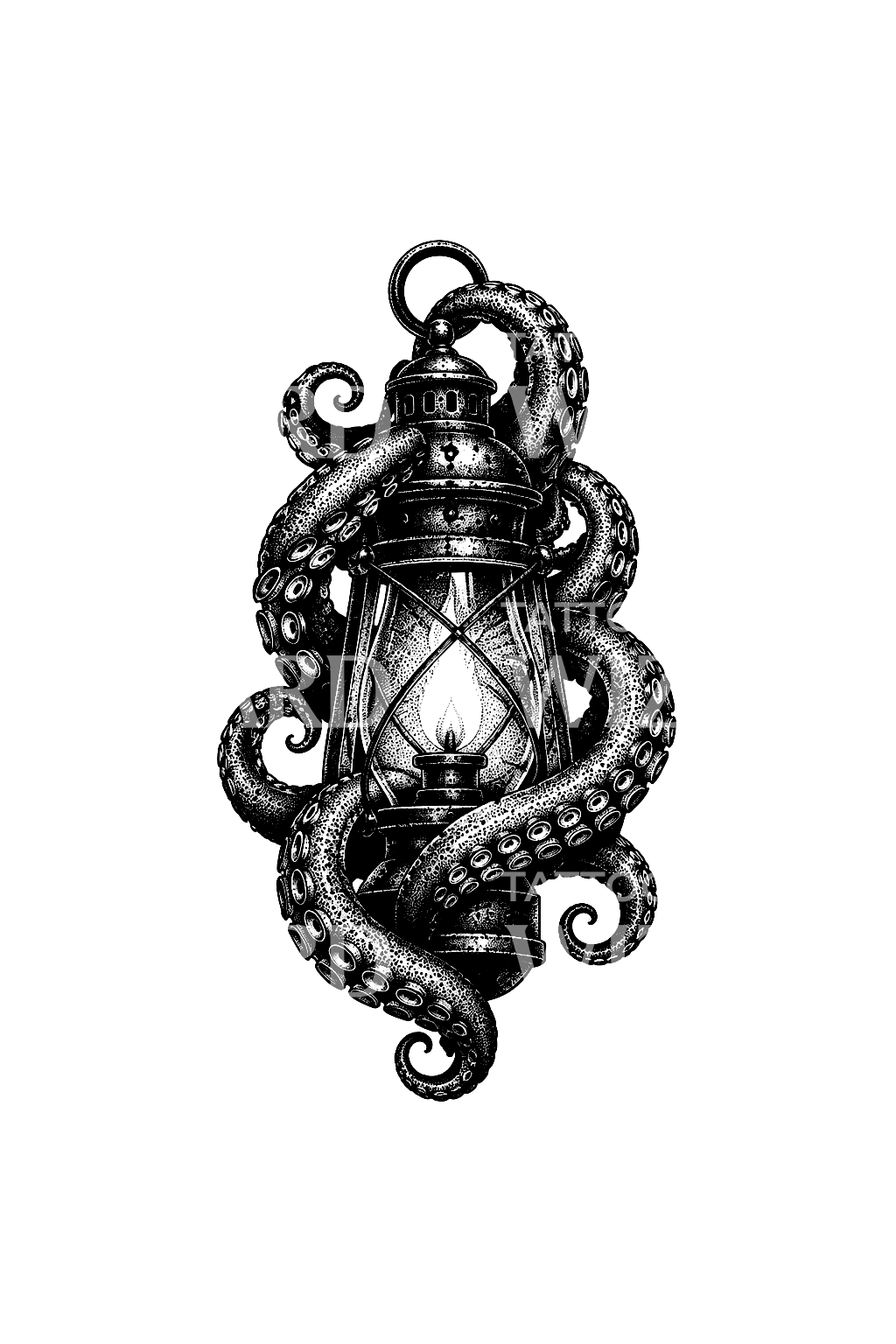 Tatuagem dotwork de um candeeiro de navio envolto em tentáculos eldritch