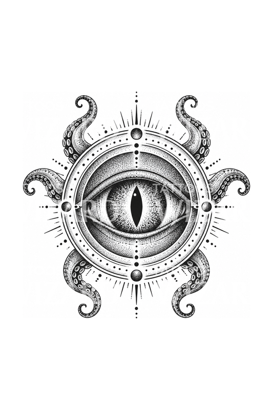 Tatouage dotwork de l’œil du gardien eldritch