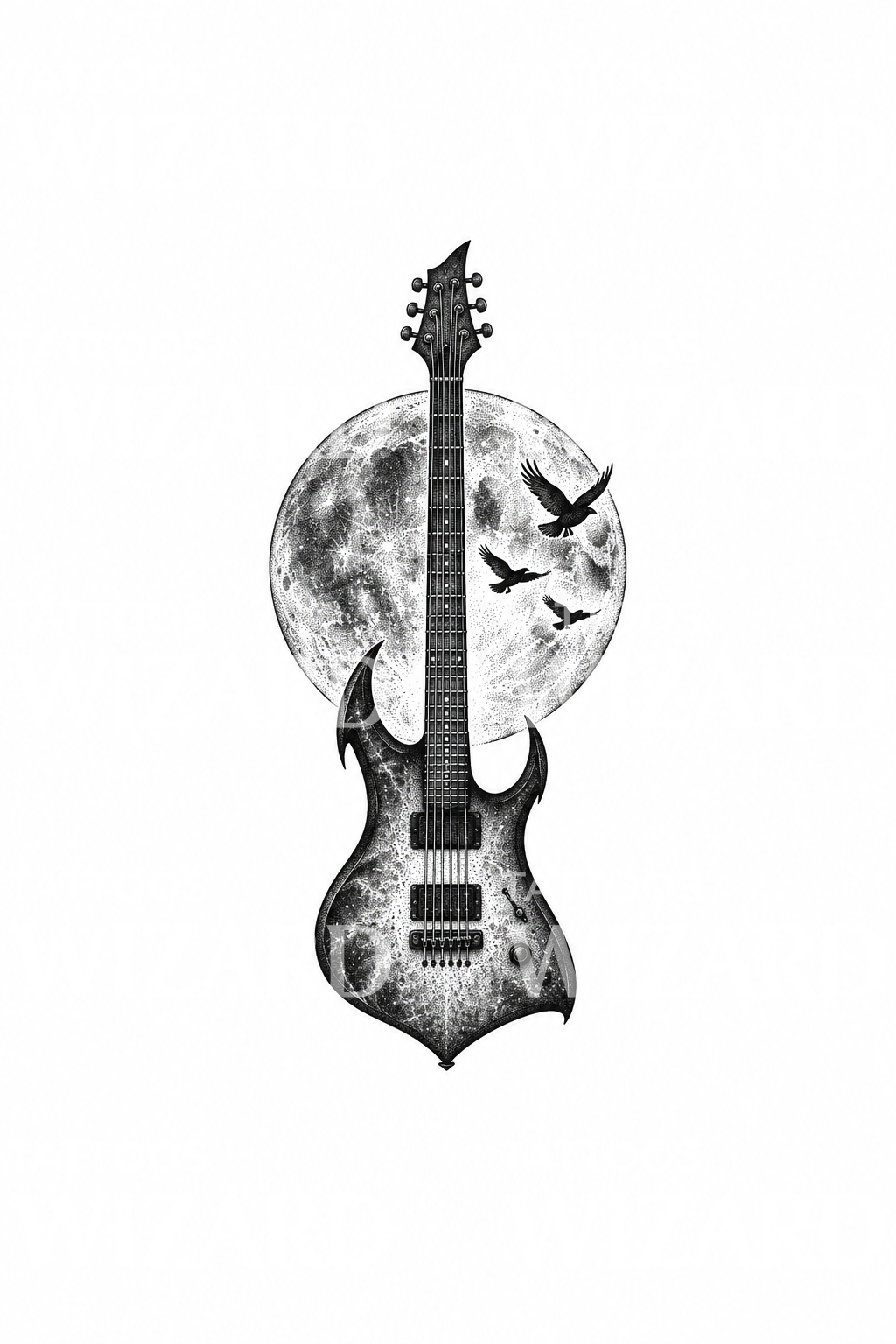 Electric Guitar Full Moon Birds Tattoo – Tattoos Wizard Designs