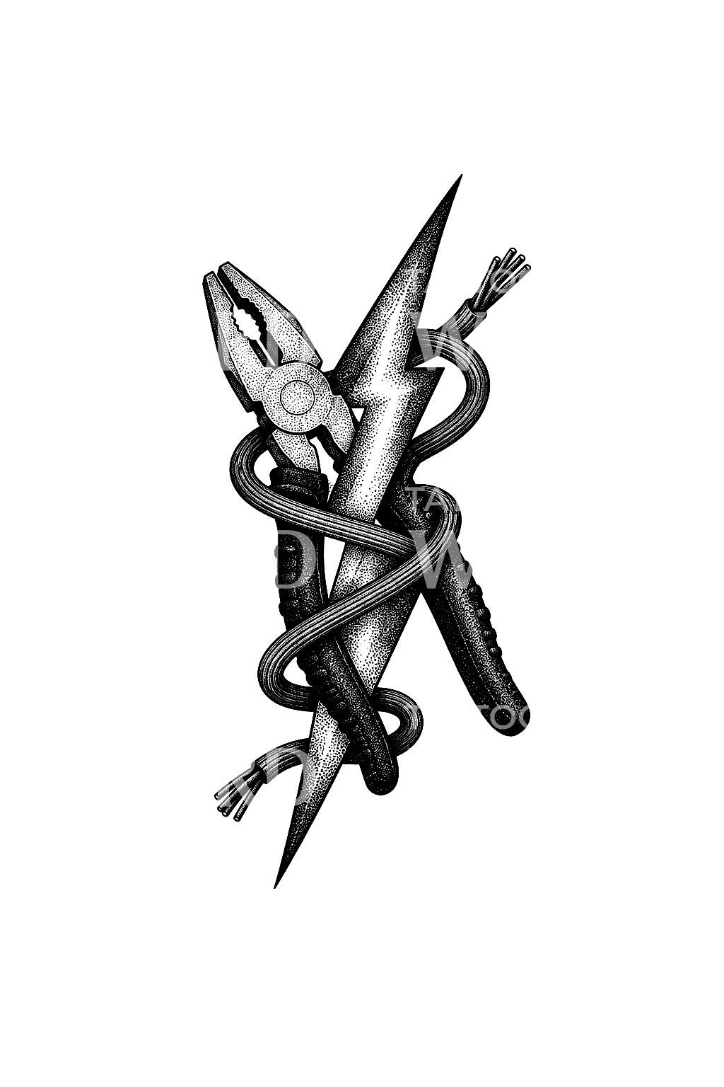 Tatuagem de raio de eletricista com alicate e fio em dotwork
