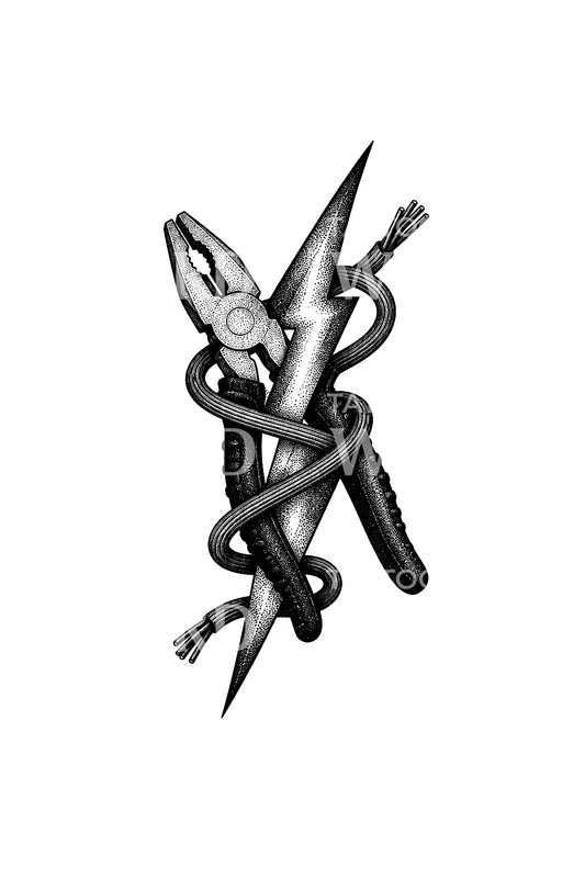 Tatuagem de raio de eletricista com alicate e fio em dotwork