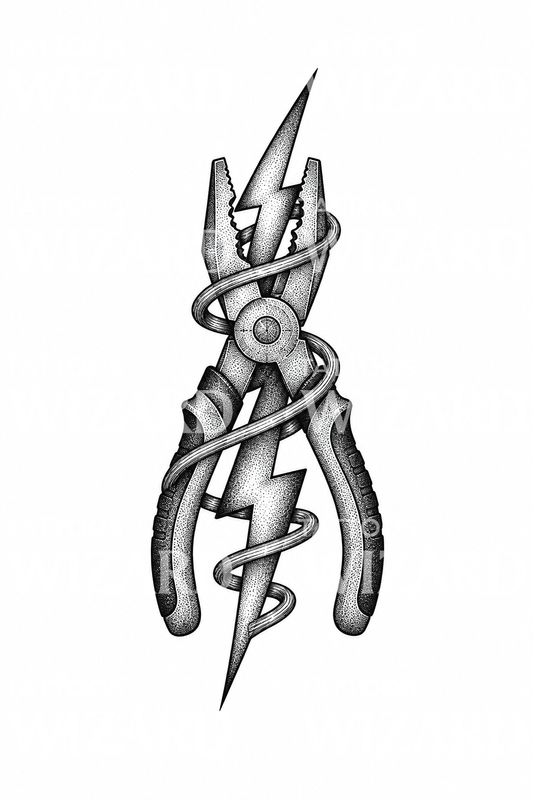 Sähköpihdit ja salama dotwork-tatuointina