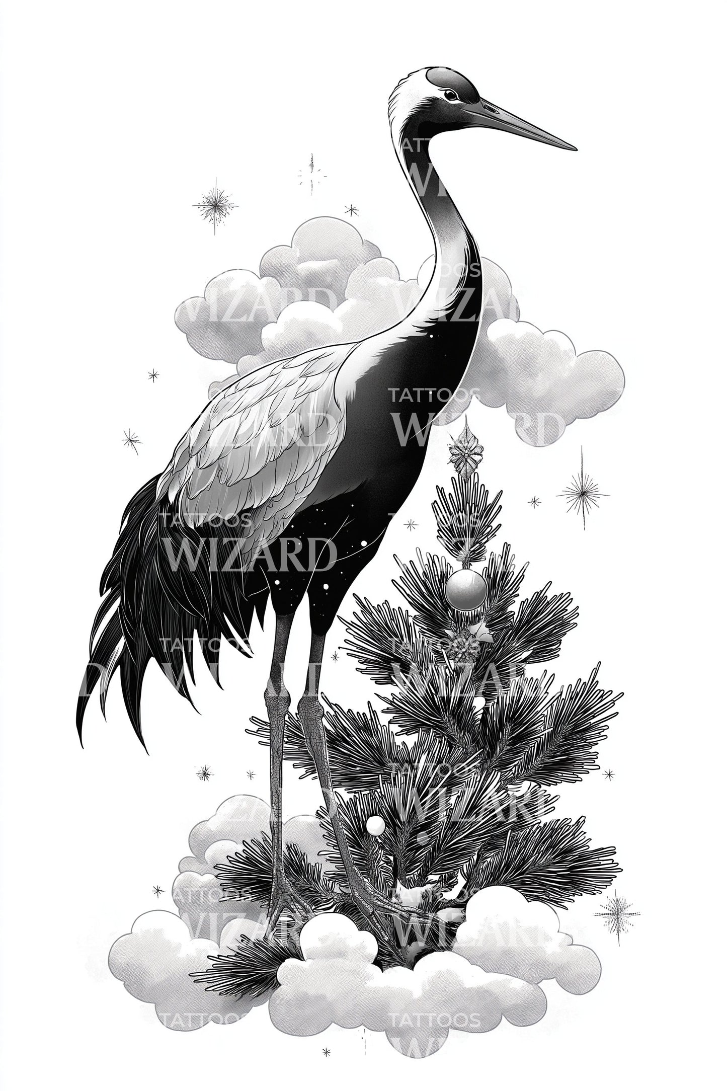 Elegant Crane Cloud Tattoo Illustration
