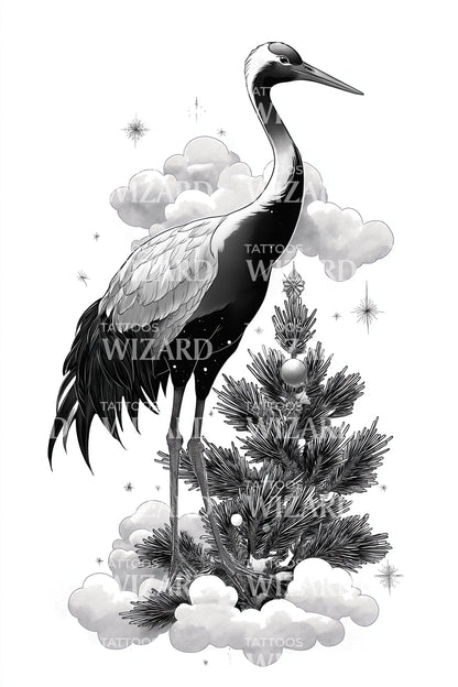 Elegant Crane Cloud Tattoo Illustration