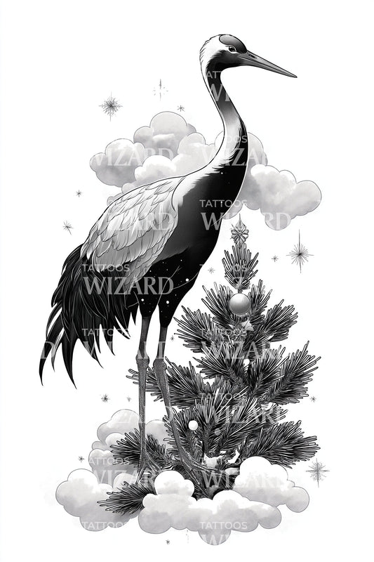 Elegant Crane Cloud Tattoo Illustration