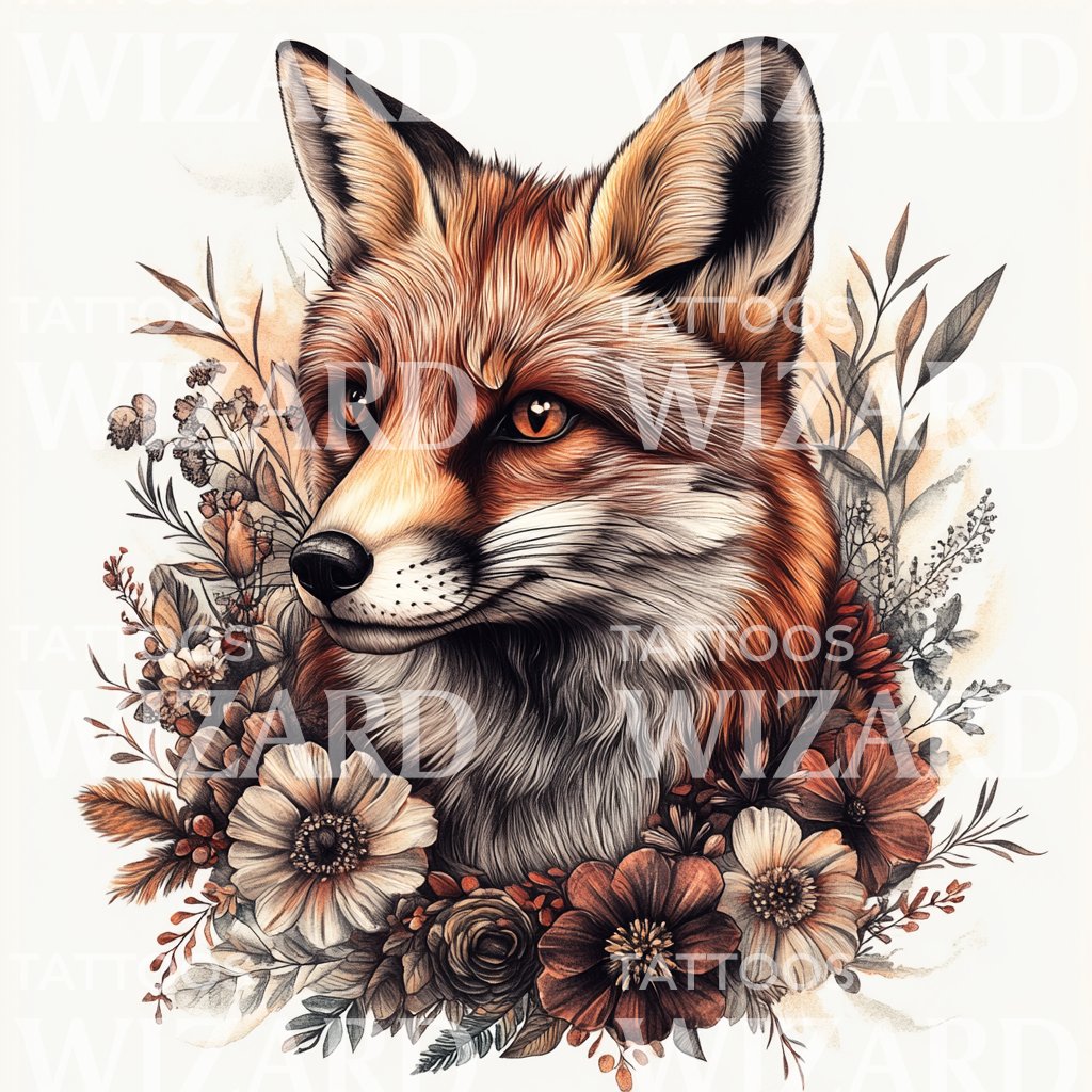 Elegant Fox Head Surrounded by Autumn Flowers Tattoo Design