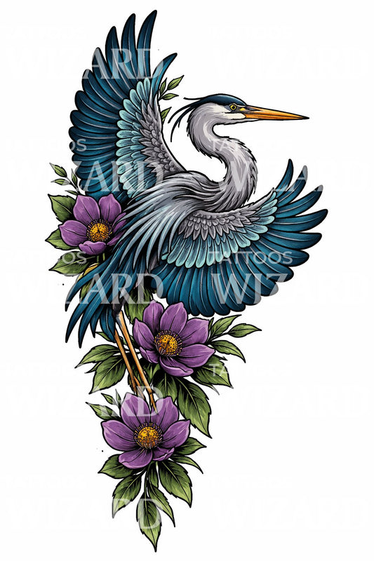 Elegant Heron Floral Tattoo Design
