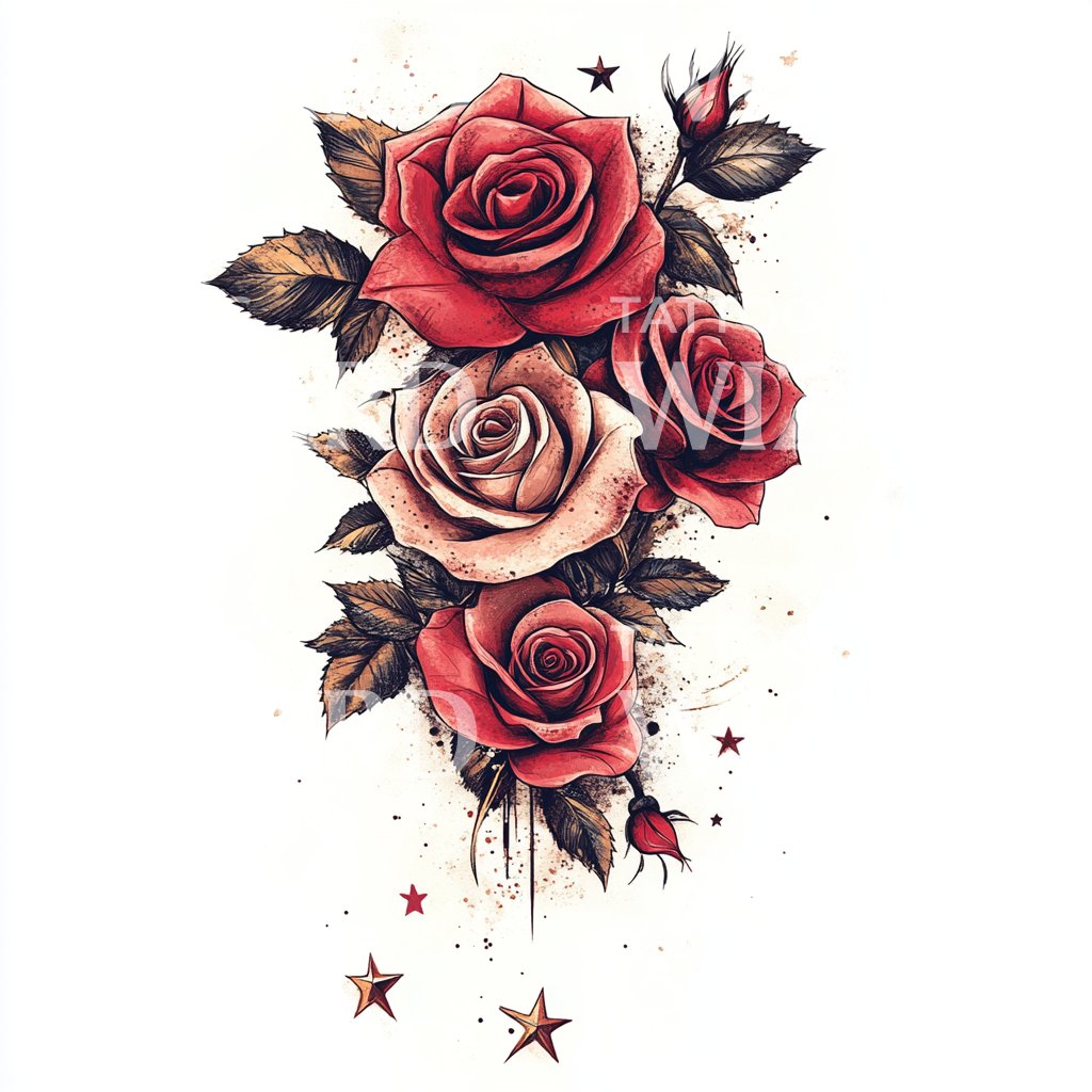 Elegant Roses and Stars Tattoo Idea