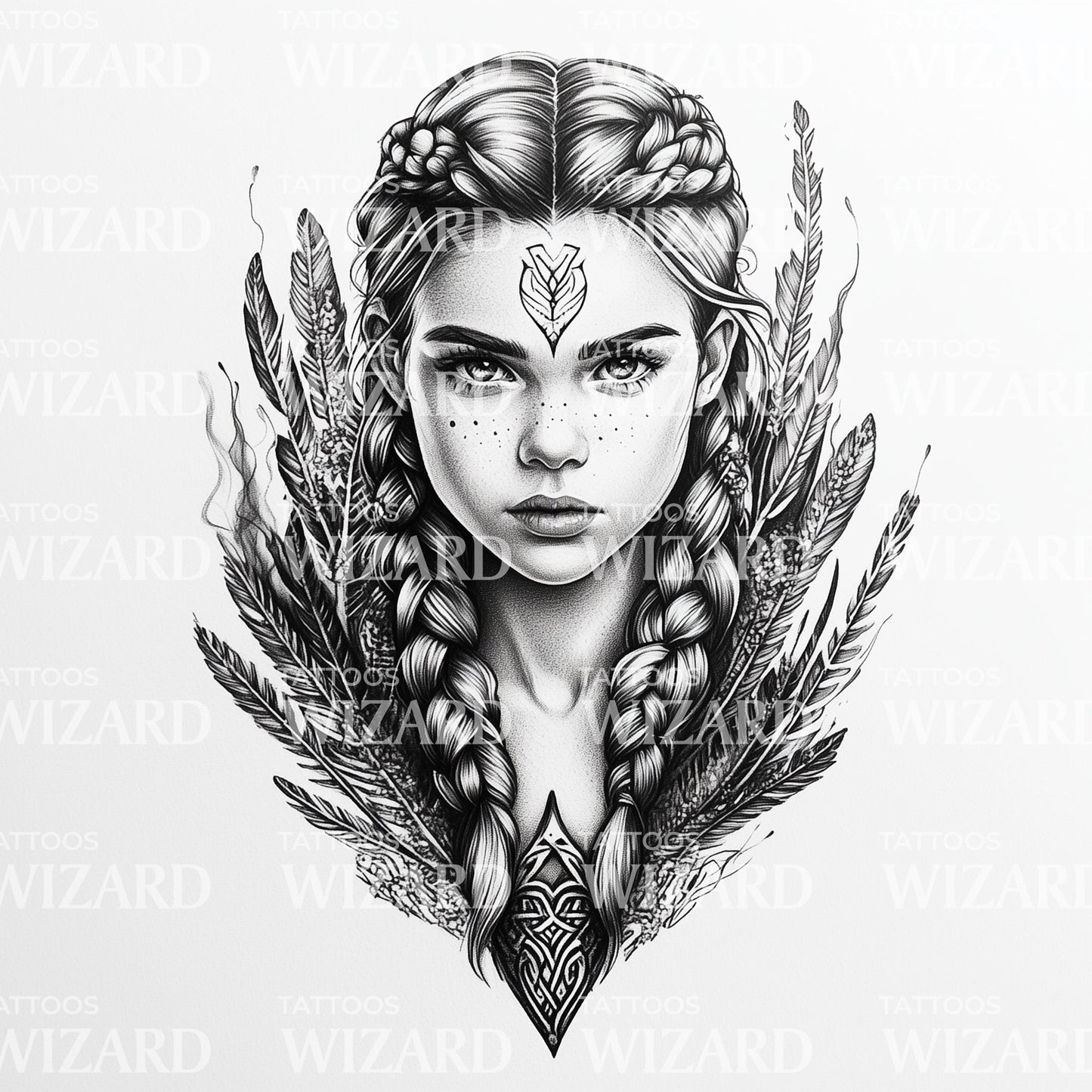 Elegant Valkyrie with Feathers and Braids Tattoo Idea