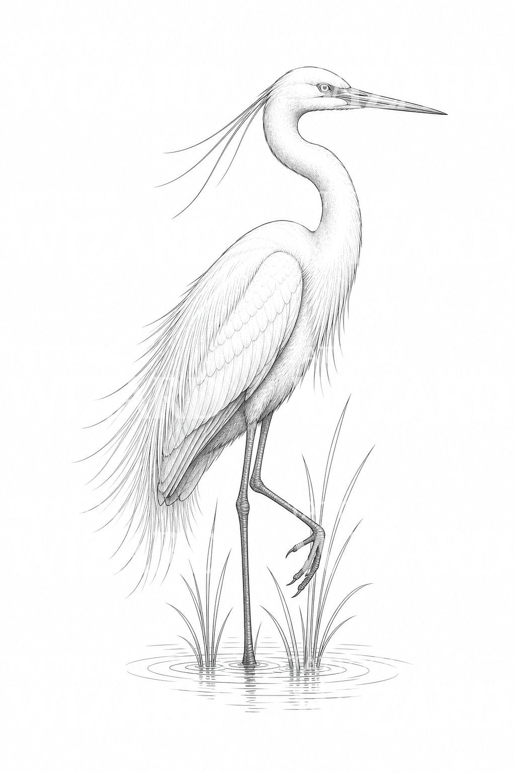Elegant White Egret Fine Line Tattoo Design