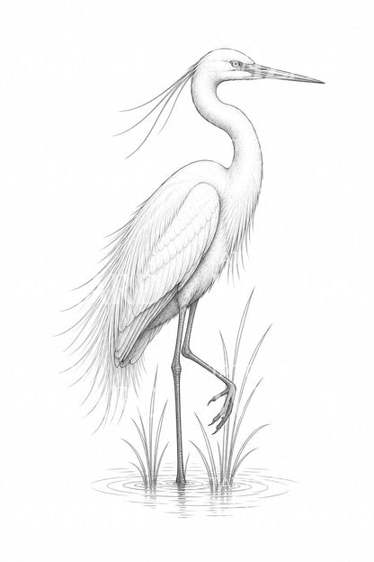 Elegant White Egret Fine Line Tattoo Design