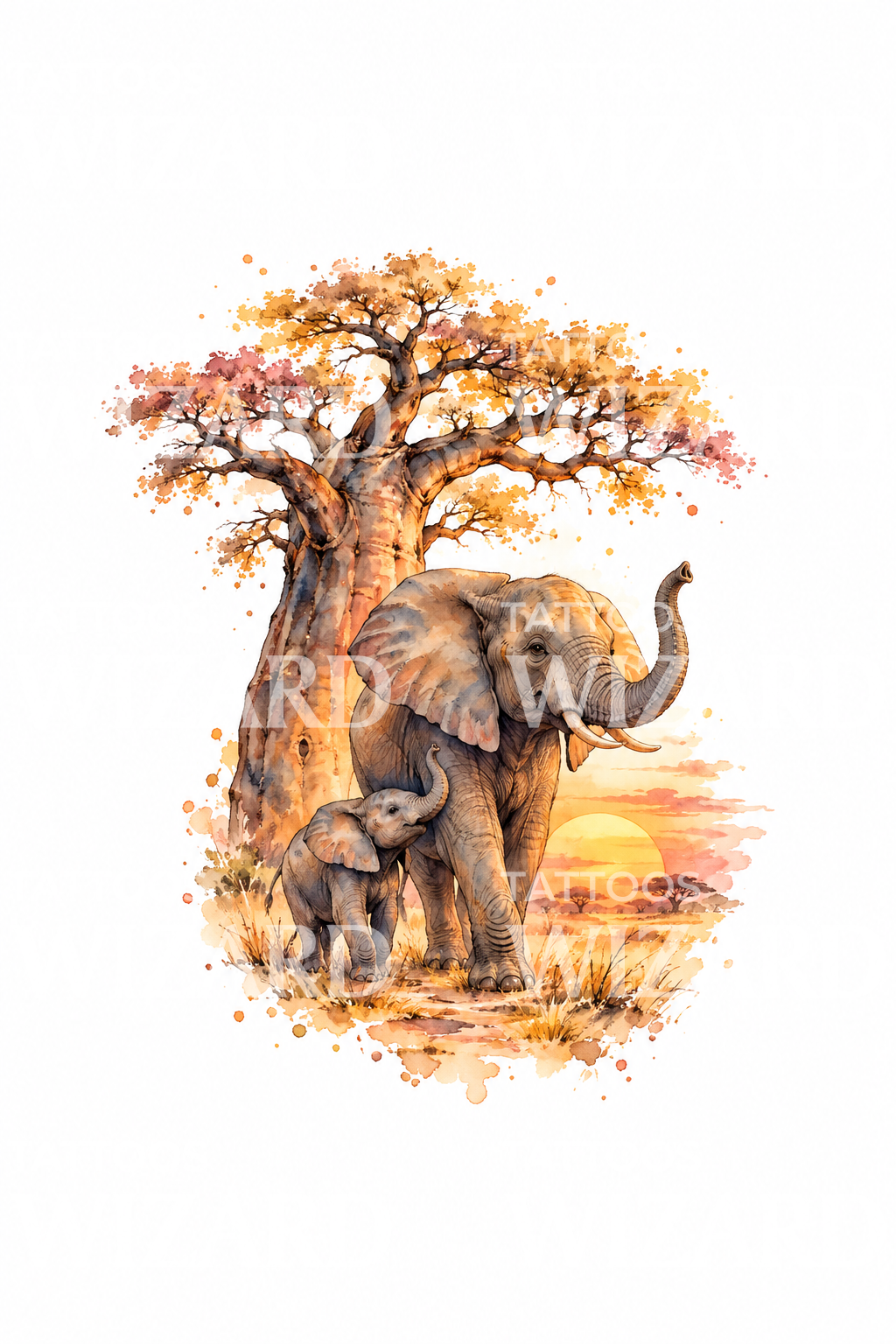 Elephant and Calf Under Baobab Tattoo Design