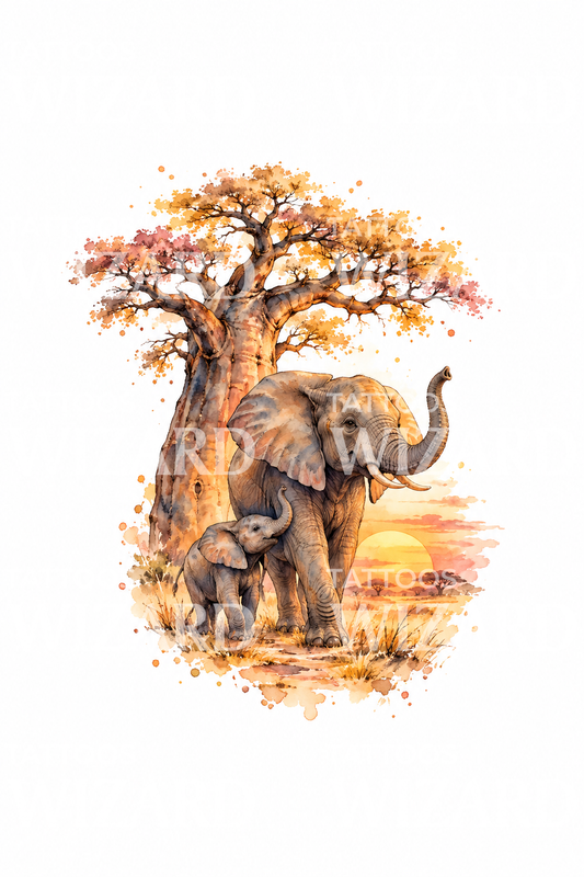 Elephant and Calf Under Baobab Tattoo Design