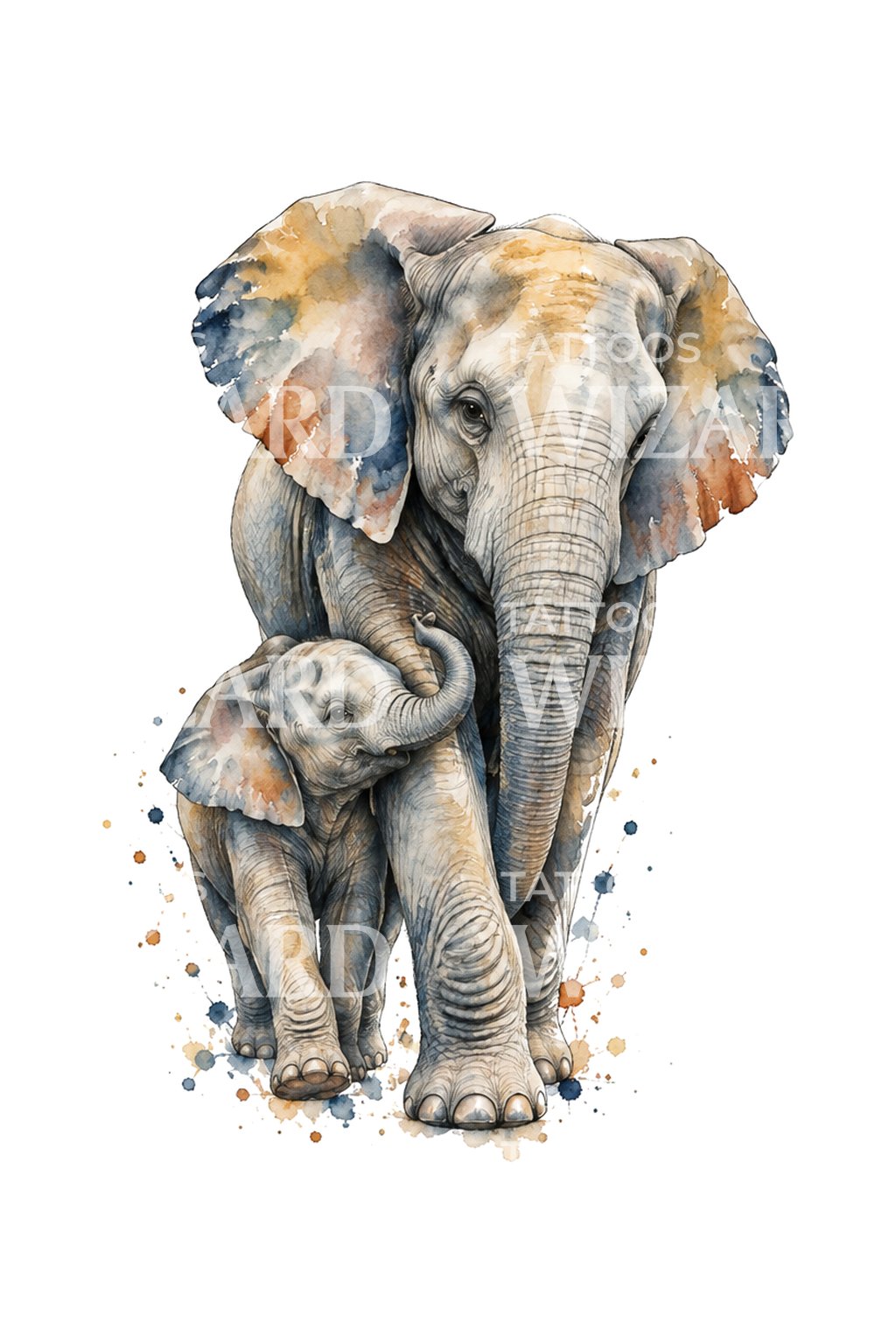 Desenho de tatuagem de elefante e cria em aguarela