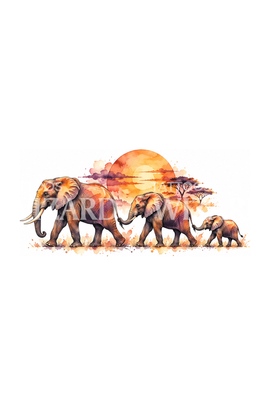 Elephant Family Walking at Sunset Watercolor Tattoo Idea