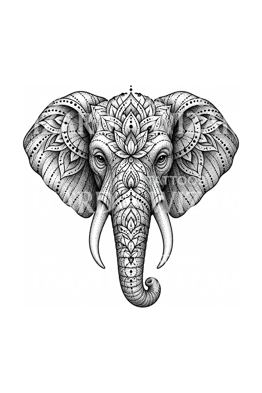 Tatuaż głowy słonia z mandalowym wzorem w technice dotwork