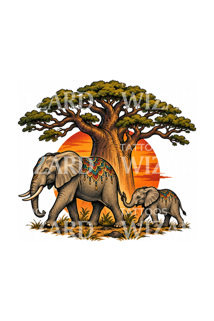 Tattoo von Elefantenmutter und Kalb unter einem Baobab