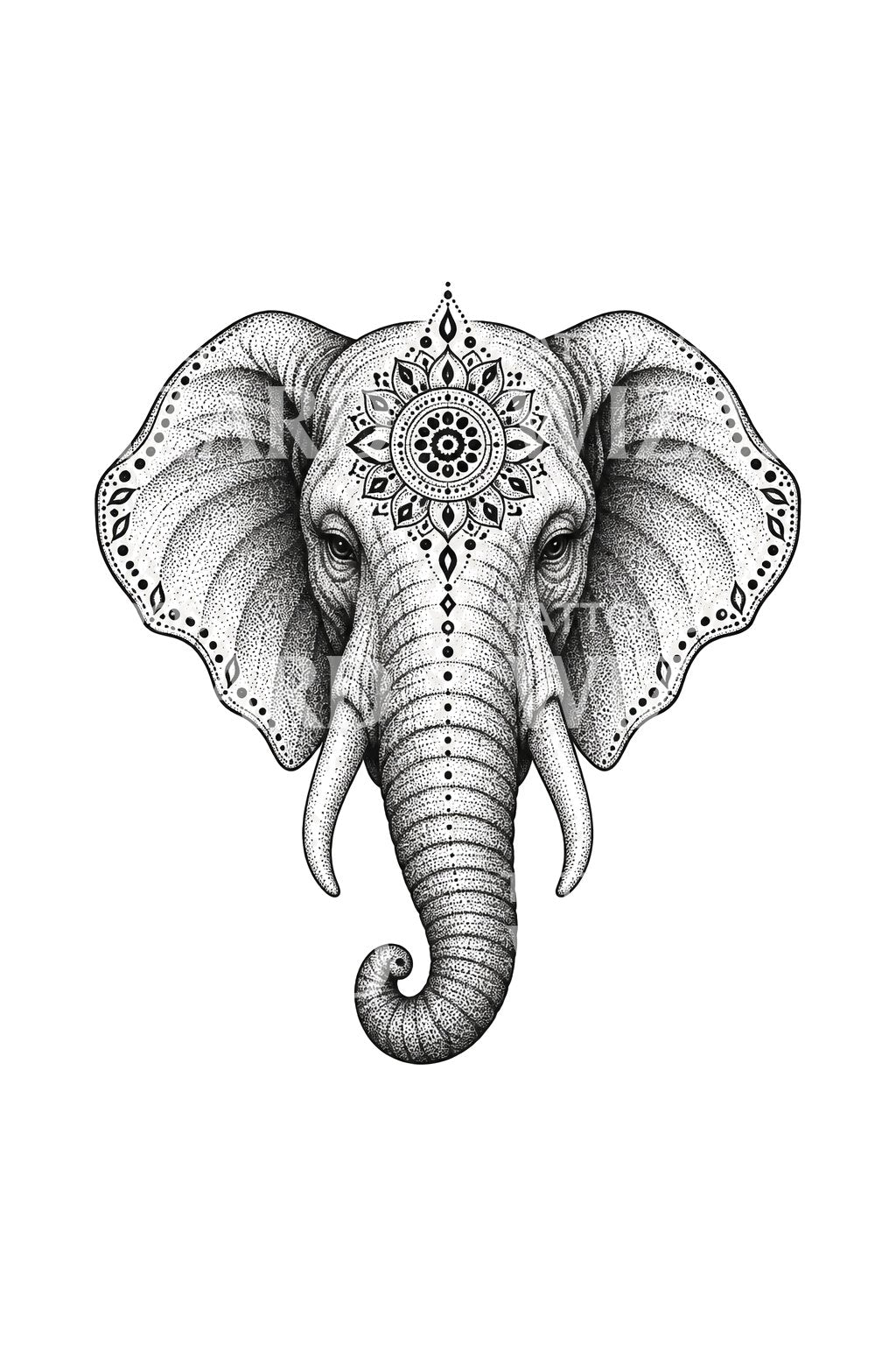 Diseño de tatuaje de elefante con mandala en la frente, dotwork