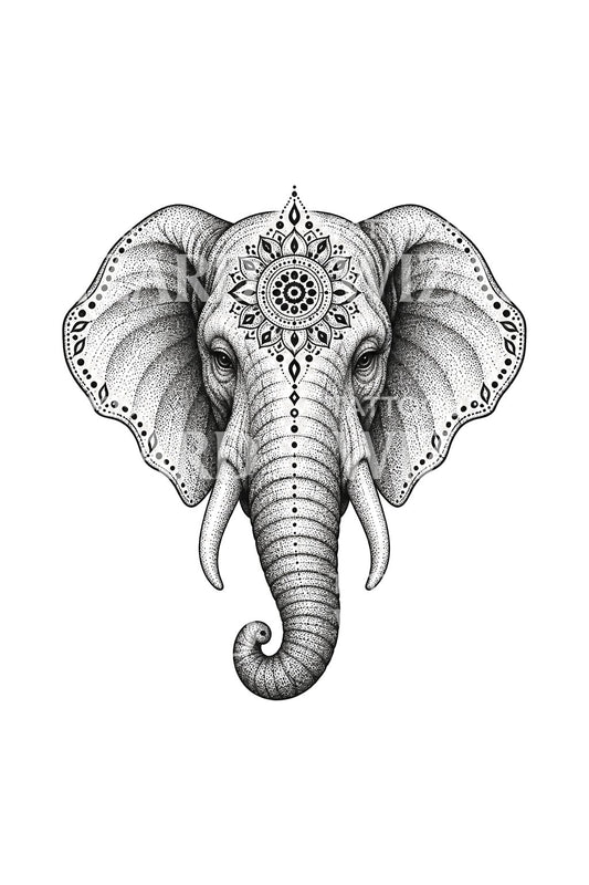 Design de tatuagem dotwork de elefante com mandala na testa