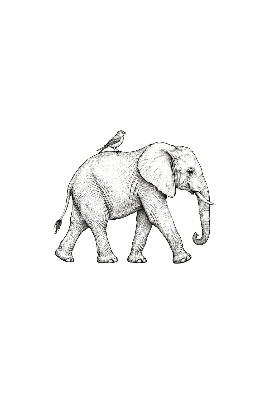 Fine line-tatoeage van olifant met klein vogeltje